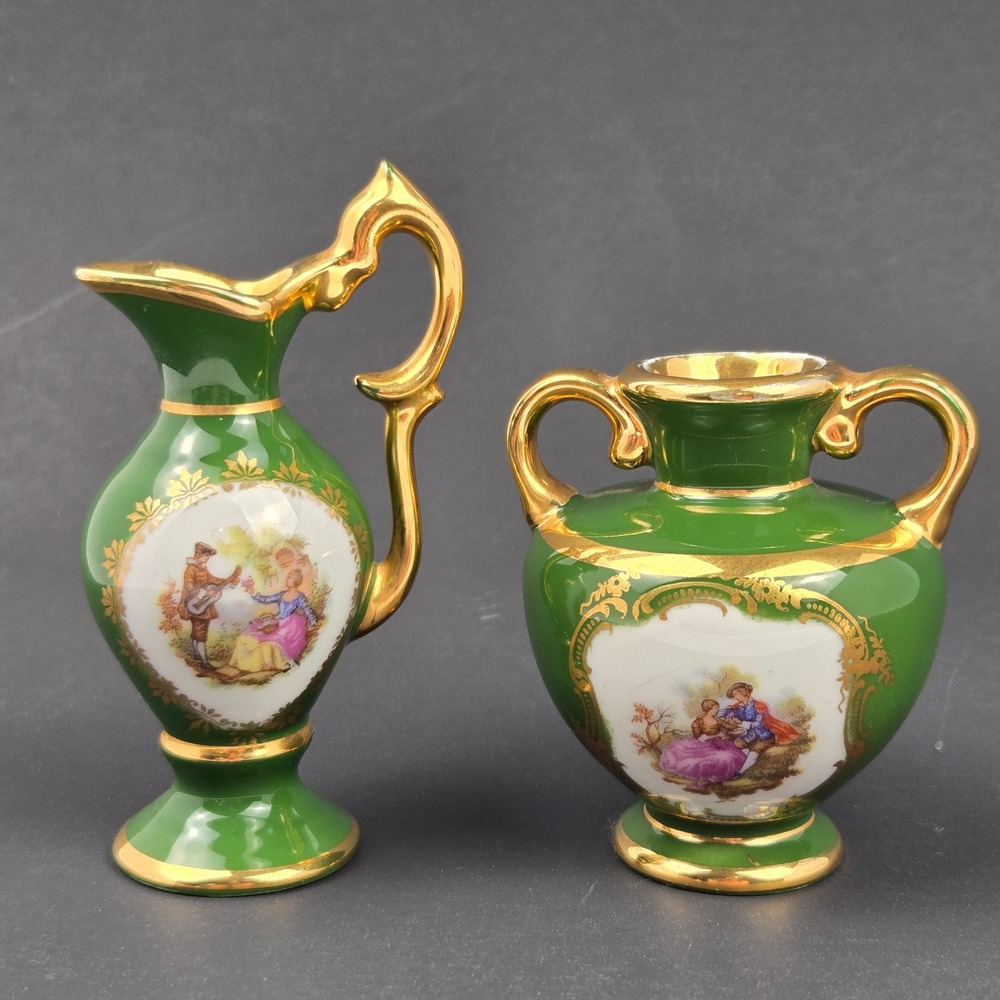 Limoges France Miniature Pitcher and Vase Set Green Gold Courting Couple 2pc